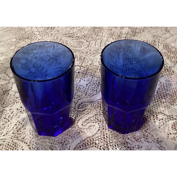 2 Libbey Crisa Glass Cobalt Blue Tumblers 8 Panel Heavy Glasses 5.5" Vintage - Picture 2 of 11